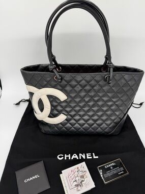 CHANEL Cambon Black Quilted Leather Tote White CC Logo w/Authentication Card